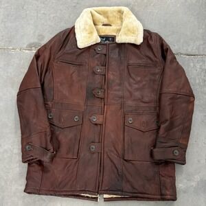 Real Leather Mens XL Brown Shearling Lined Car Coat Vintage Button Jacket